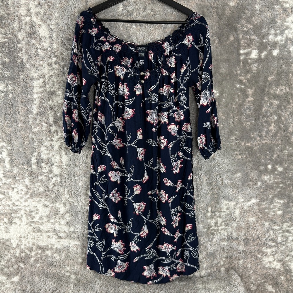 Lucky Brand Size S Dark Floral Print Boat Neck Mini Dress Navy 3/4 Sleeve